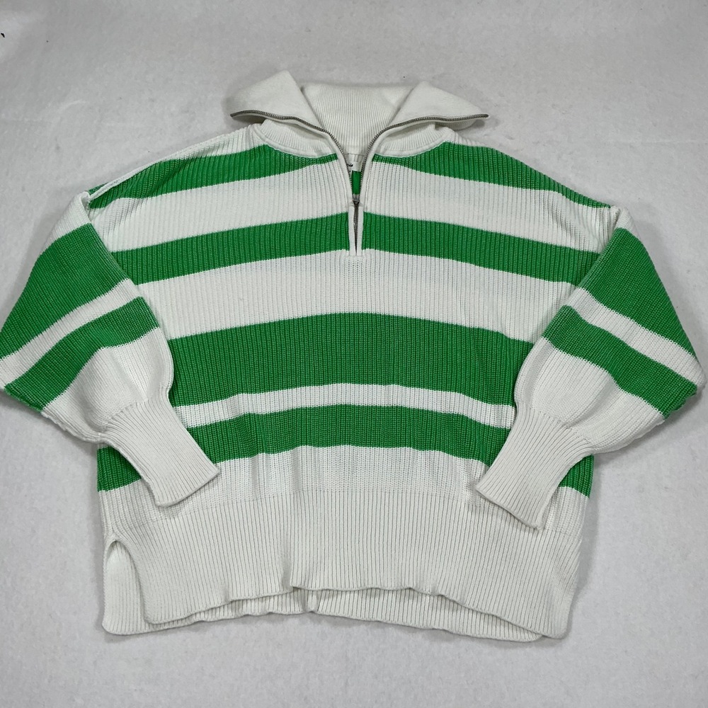 Aerie Womens XS Green White Striped Quarter Zip Cotton Balloon Sleeve Sweater